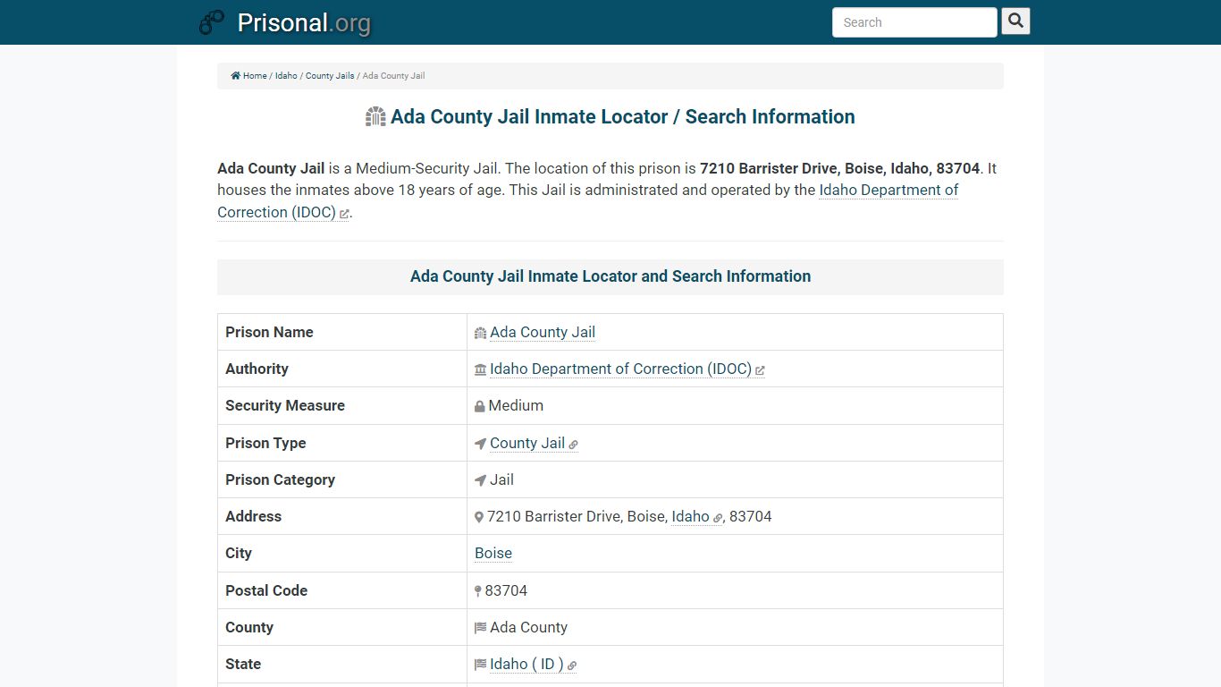 Ada County Jail-Inmate Locator/Search Info, Phone, Fax ...